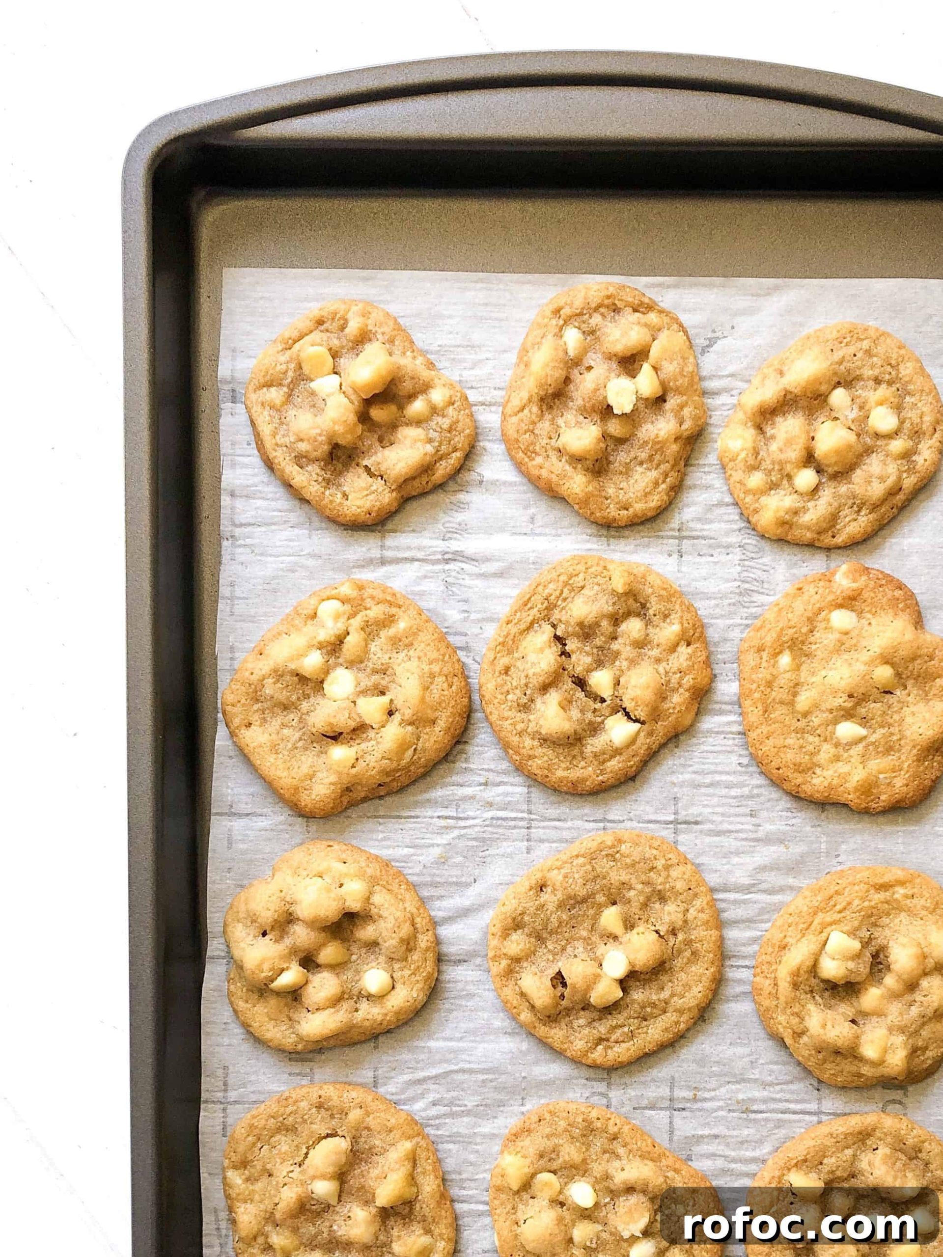 Gluten-Free White Chocolate Macadamia Nut Cookies 5 A tray of white chocolate chip macadamia nut cookies.