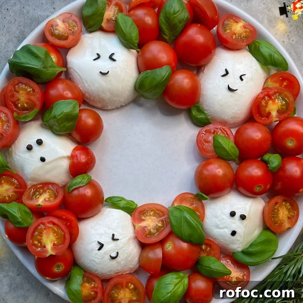 Festive Christmas Wreath Salad Recipe for Holiday Parties 2 A festive plate arranged like a holiday wreath with mozzarella balls decorated as smiling faces, surrounded by cherry tomatoes and fresh basil leaves.