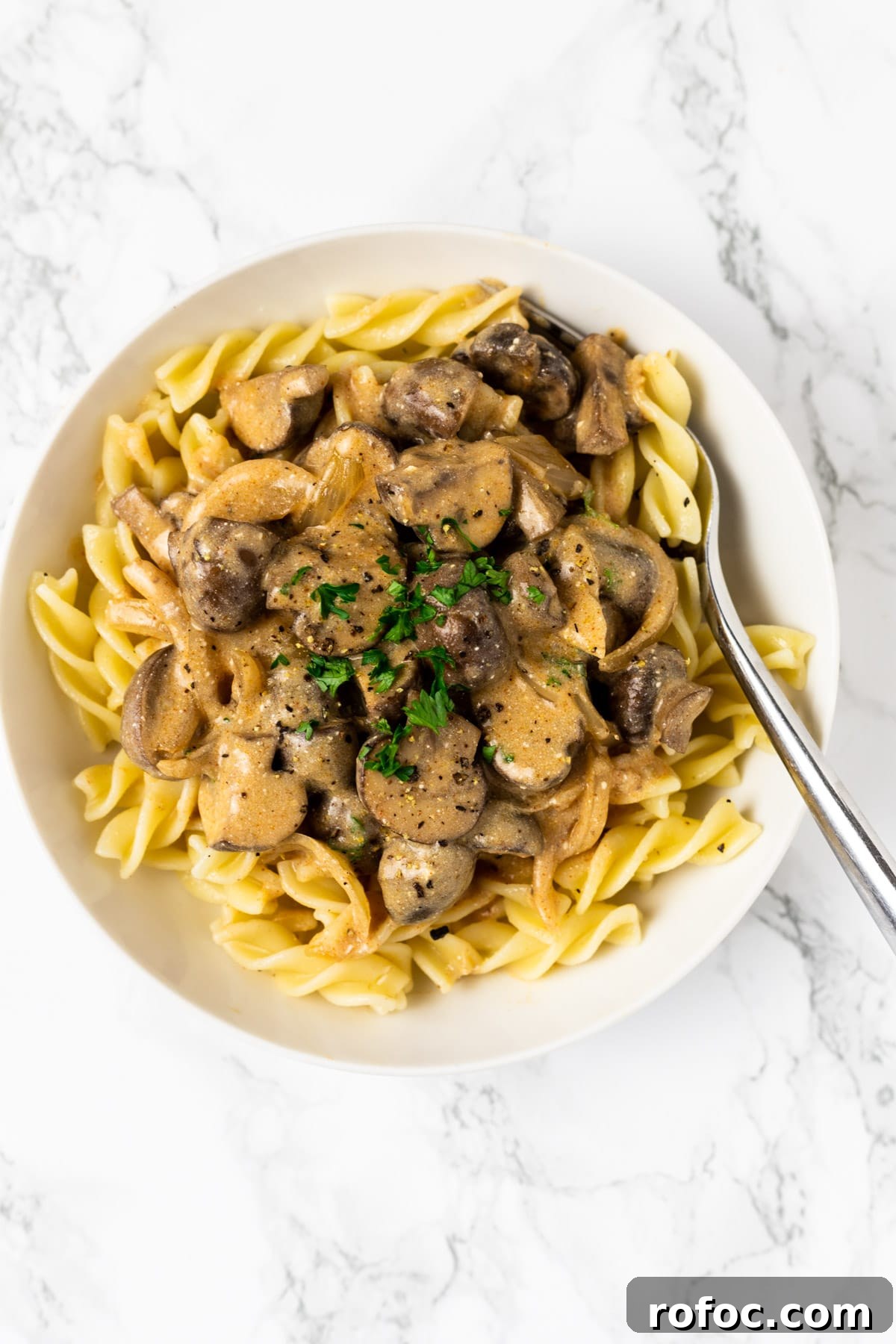 Creamy Mushroom Stroganoff Recipe for Weeknight Dinners 11 A top down view of mushroom stroganoff over noodles.