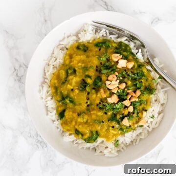a top down view of a bowl of red lentil curry over rice.