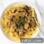 Creamy Mushroom Stroganoff Recipe for Weeknight Dinners 16 A top down view of mushroom stroganoff in a bowl.