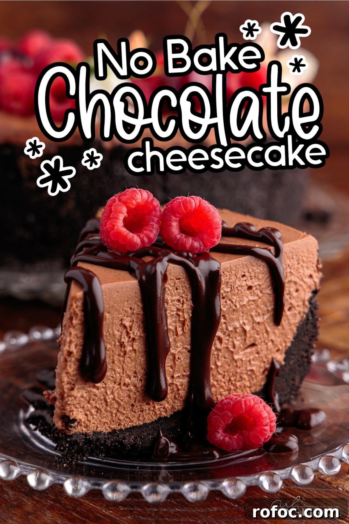 A slice of No Bake Chocolate Cheesecake on a glass plate with text overlay.