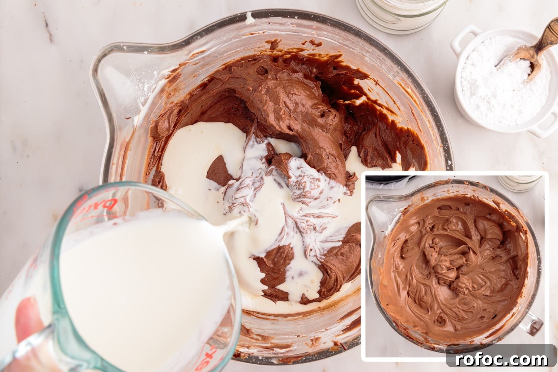 Two images of heavy cream added to cream cheese chocolate mixture and mixture after stirred being stirred together.