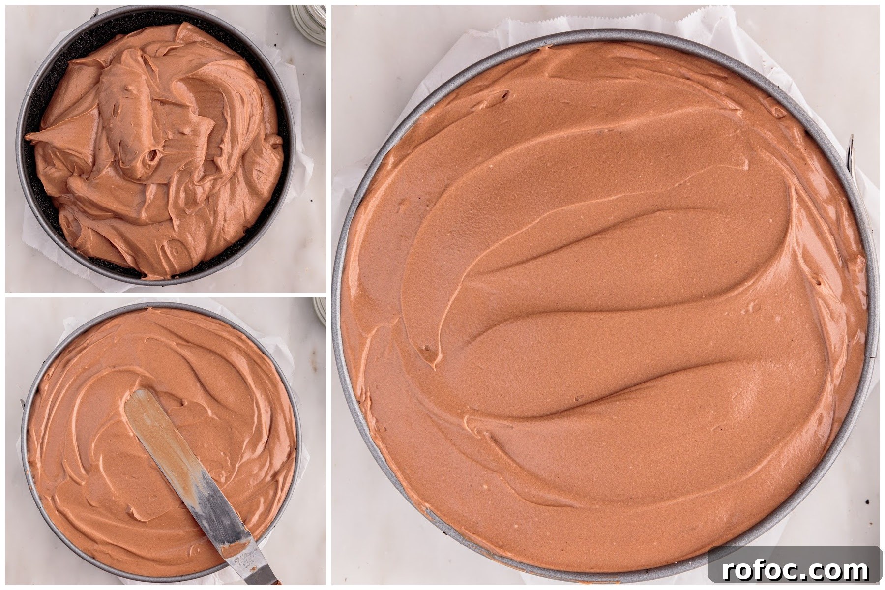 Three images of cheesecake being spread onto chocolate graham crust.