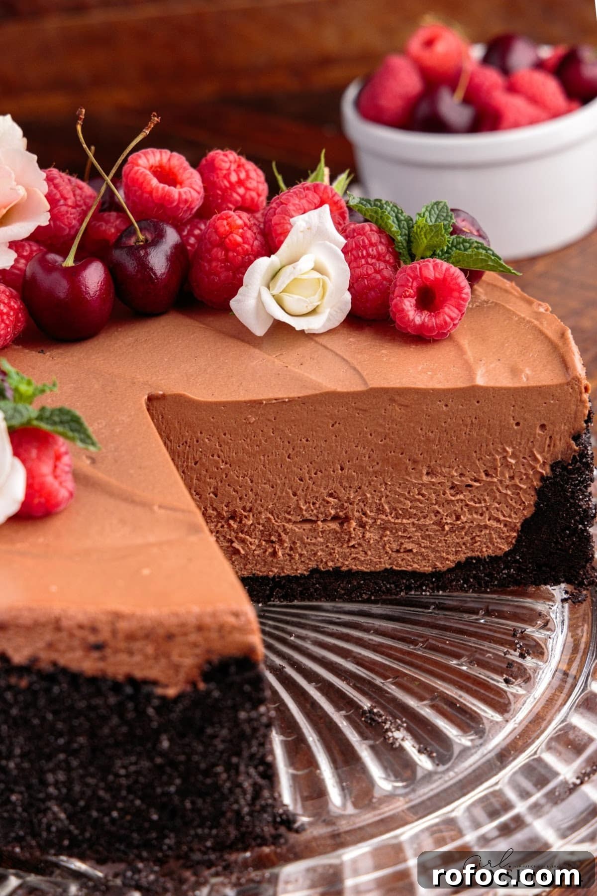 Slices missing from a No Bake Chocolate Cheesecake.