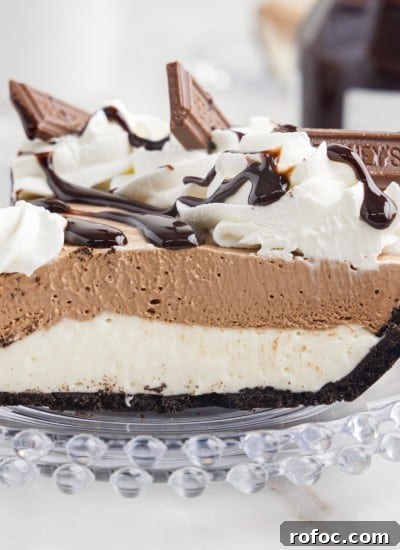 Side view of a slice of Hershey Pie on a plate.