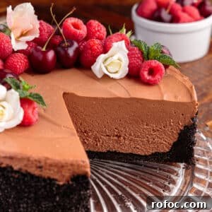 Slices missing from a No Bake Chocolate Cheesecake topped with flowers, cherries, and raspberries.