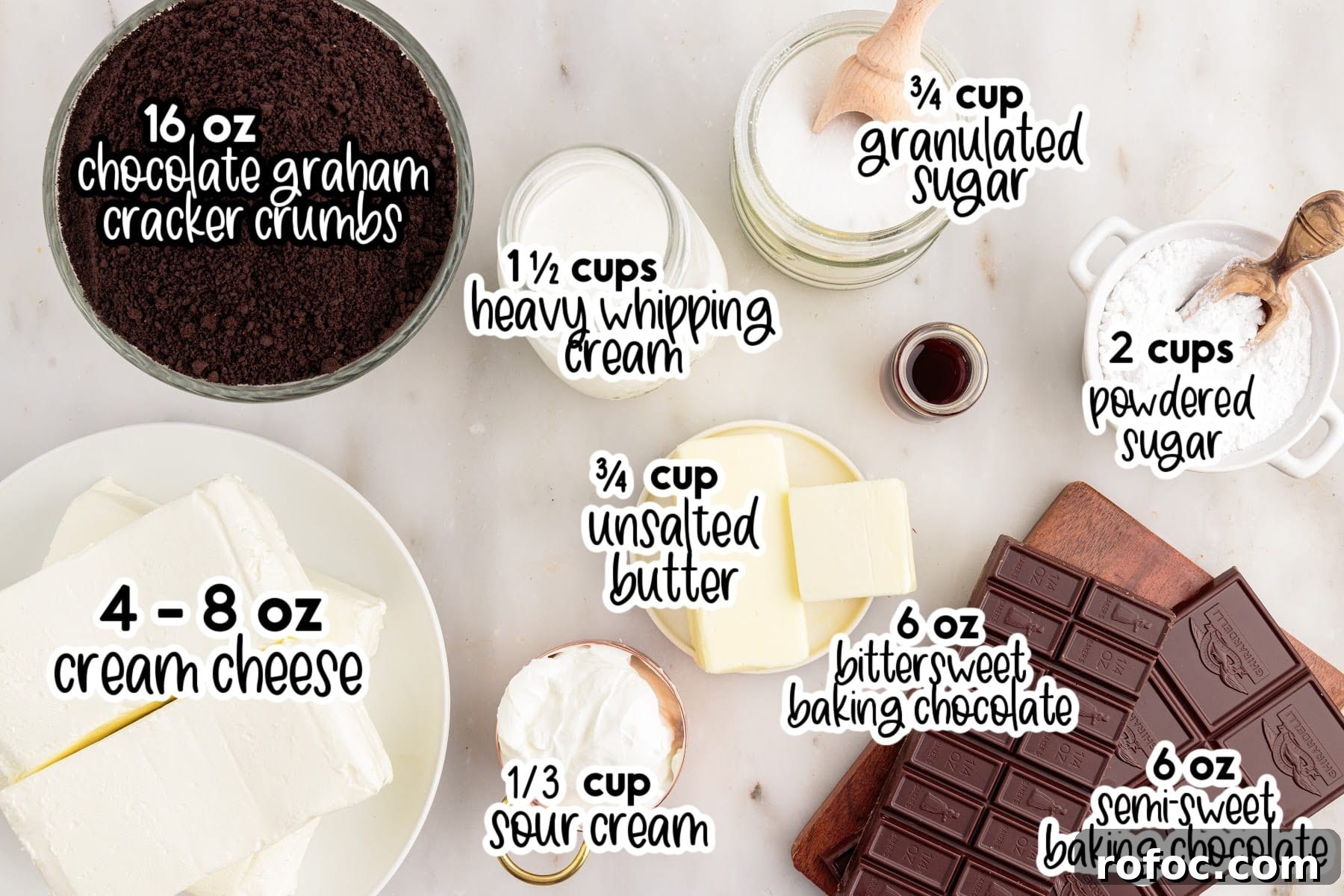 Ingredients needed to make No Bake Chocolate Cheesecake with text overlay.