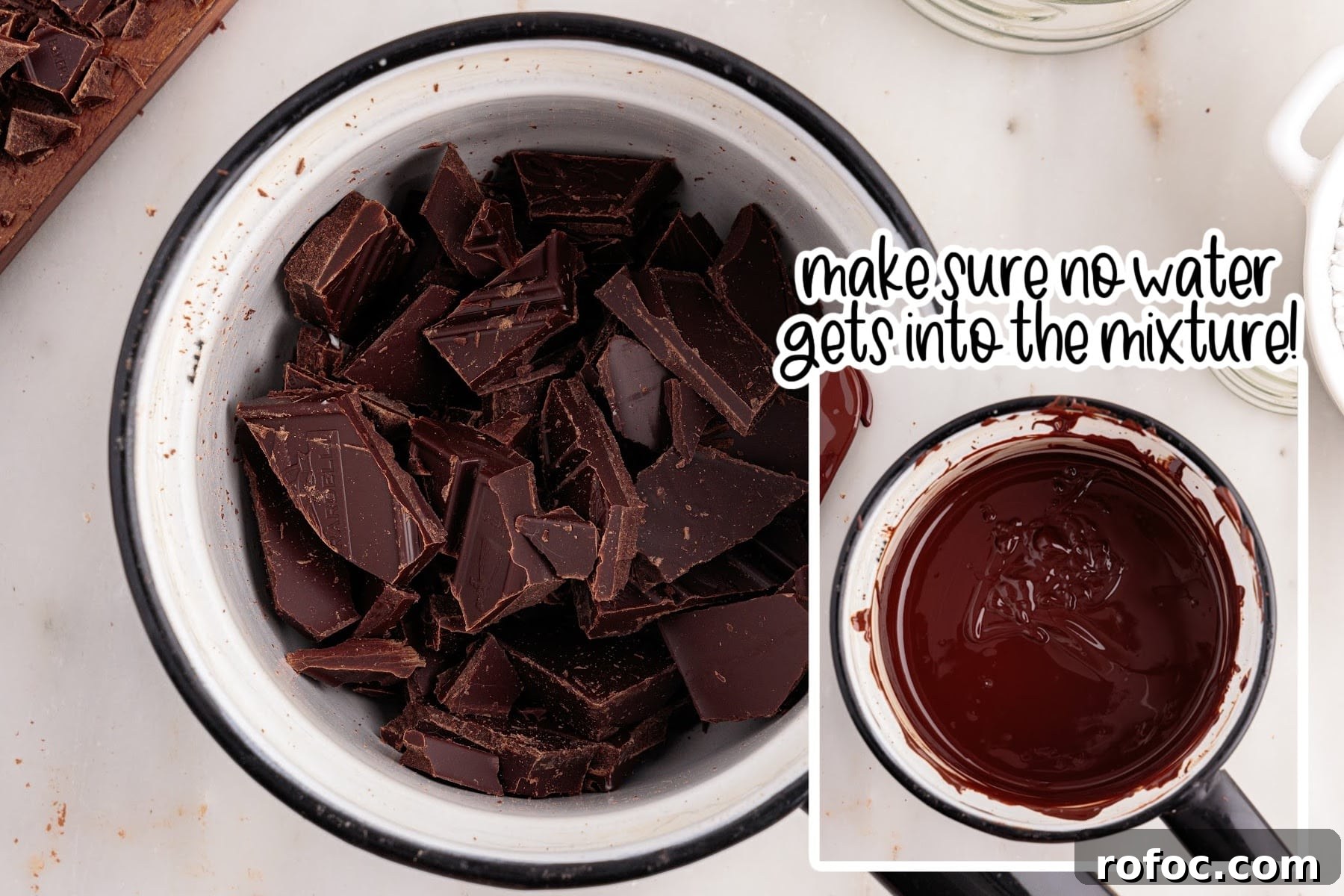 Chocolate in a small pan and chocolate melted in pan with text overlay.