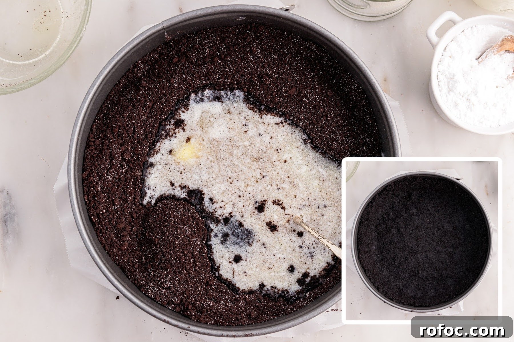 Two images of melted butter added to graham crust and the spring form pan after being mixed together.