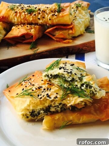Feta and ricotta cheese with spinach and dill filo wraps