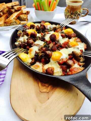 Breakfast: a skillet filled with quail eggs, mushrooms and bacon.
