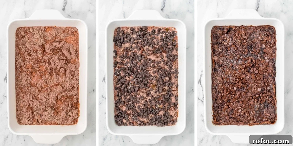 Decadent Chocolate Dump Cake Recipe for Quick Desserts 5 overhead shot of dessert assembly