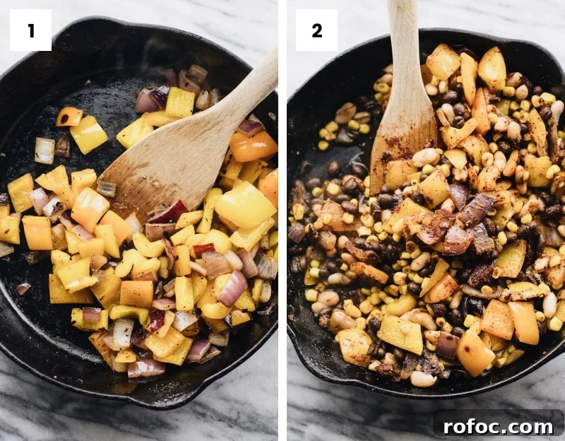 30-Minute Vegetarian Taco Recipe for Busy Weeknights 3 Step by step photos showing how to make vegetarian tacos.