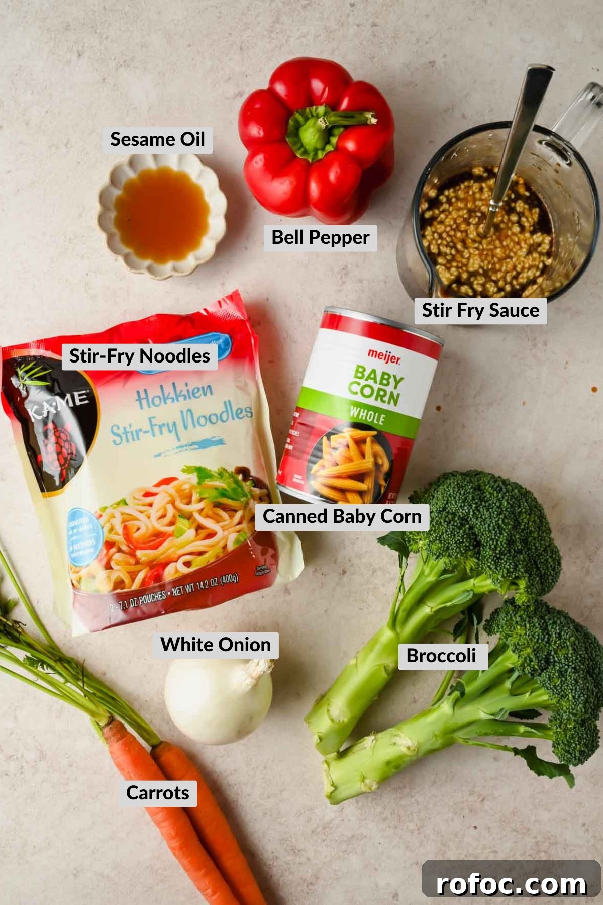 Crispy Sheet-Pan Chow Mein: Quick One-Pan Asian Noodle Bake 3 labeled sheet pan chow mein ingredients on plain background.