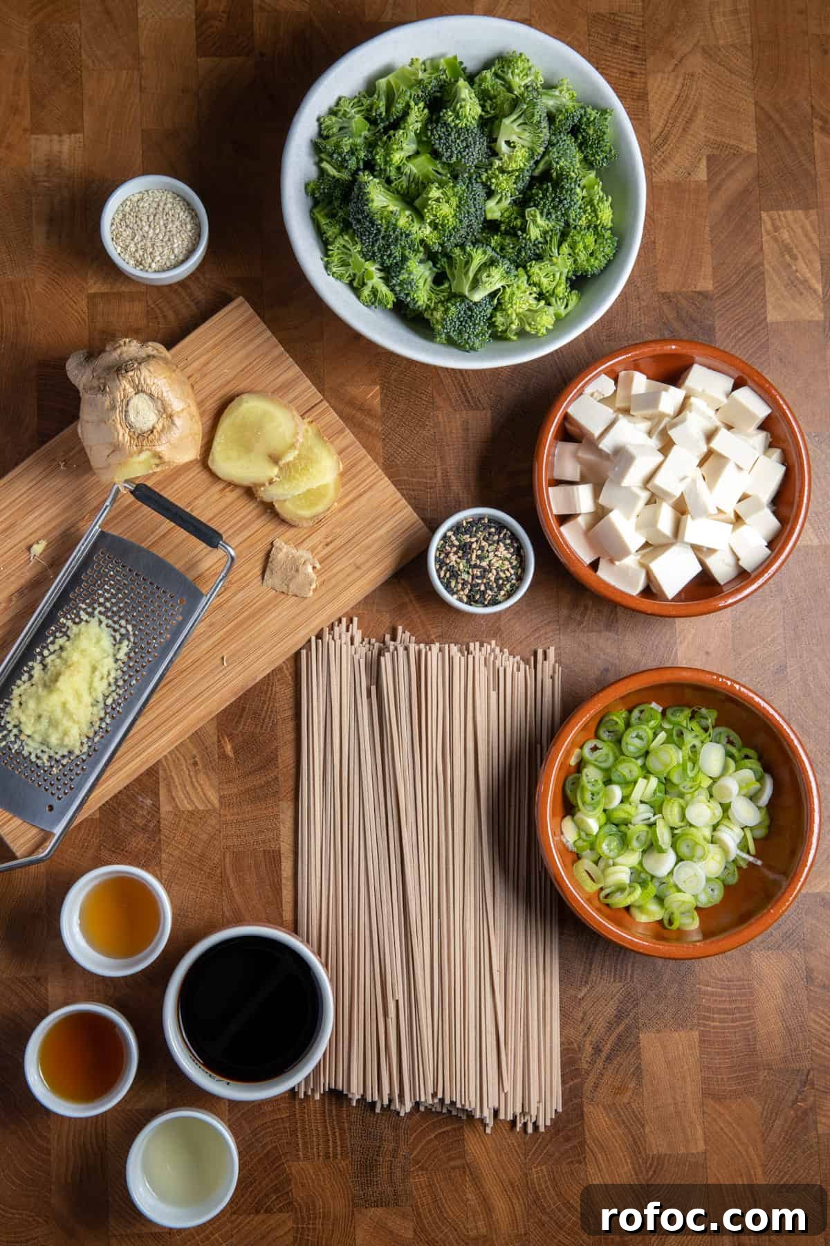Photograph of the ingredients to make these quick soba noodles with ginger and sesame dressing.