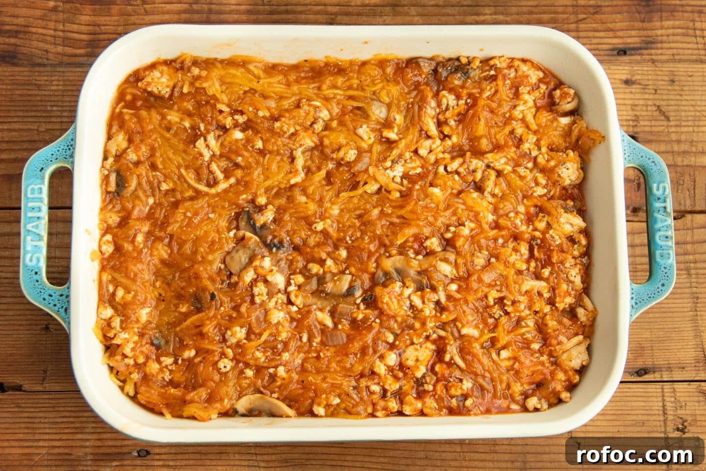This is a picture of the baking dish with the chicken and squash mixture.