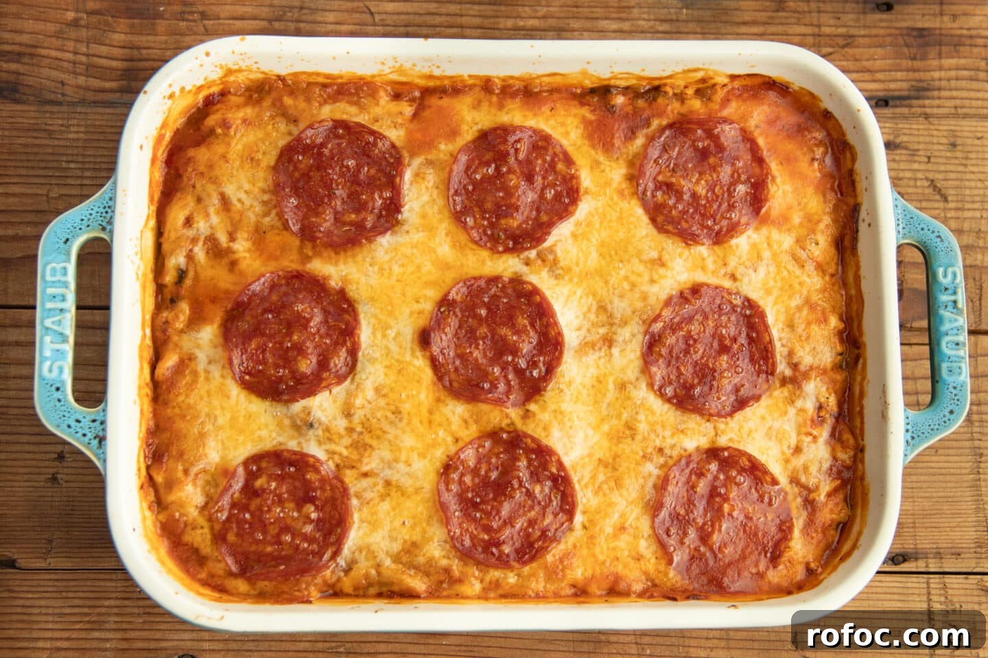 This is a picture of the baking dish with the spaghetti squash pizza casserole out of the oven. 