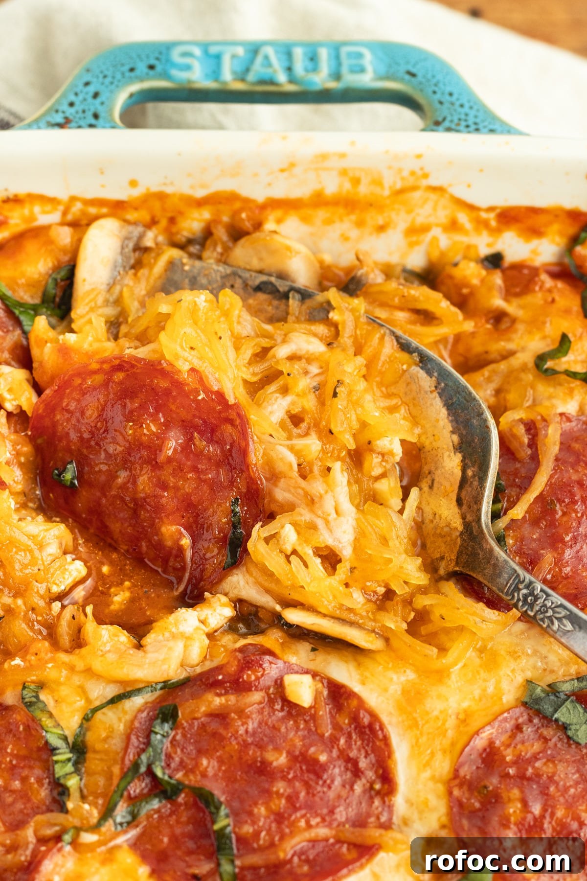 This is a close up picture of the spaghetti squash pizza casserole.