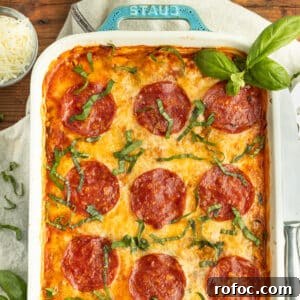 Square picture of the spaghetti squash pizza casserole.