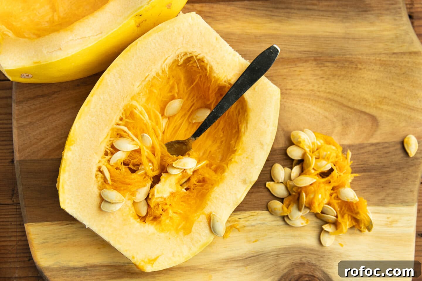This is a picture of the seeds being removed from the inside of the squash.
