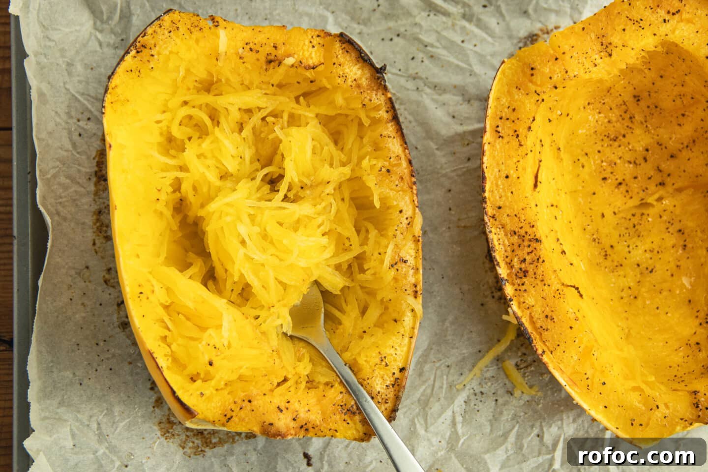 This is a picture of the squash being scrapped with a fork to make the spaghetti strings.