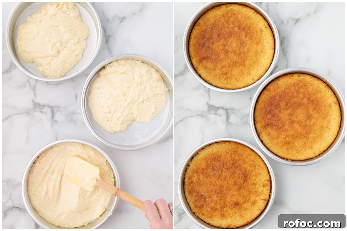 Side-by-side images show three cake pans: on the left, filled with raw batter; on the right, the baked cakes are golden brown and out of the oven.