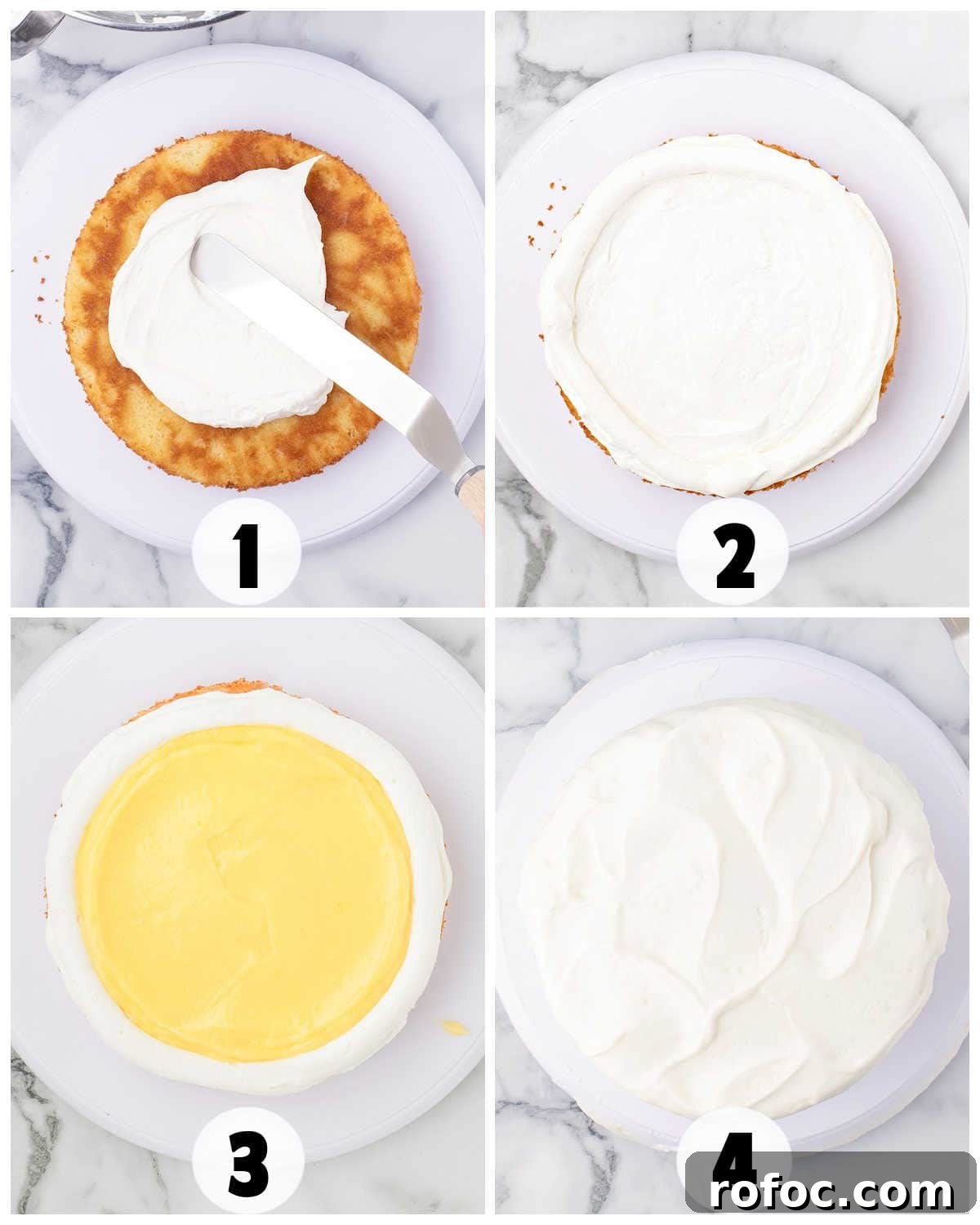 Four-step process of assembling a cake: spreading frosting on the base, creating a frosting border, filling with lemon curd, and covering the top with more frosting.
