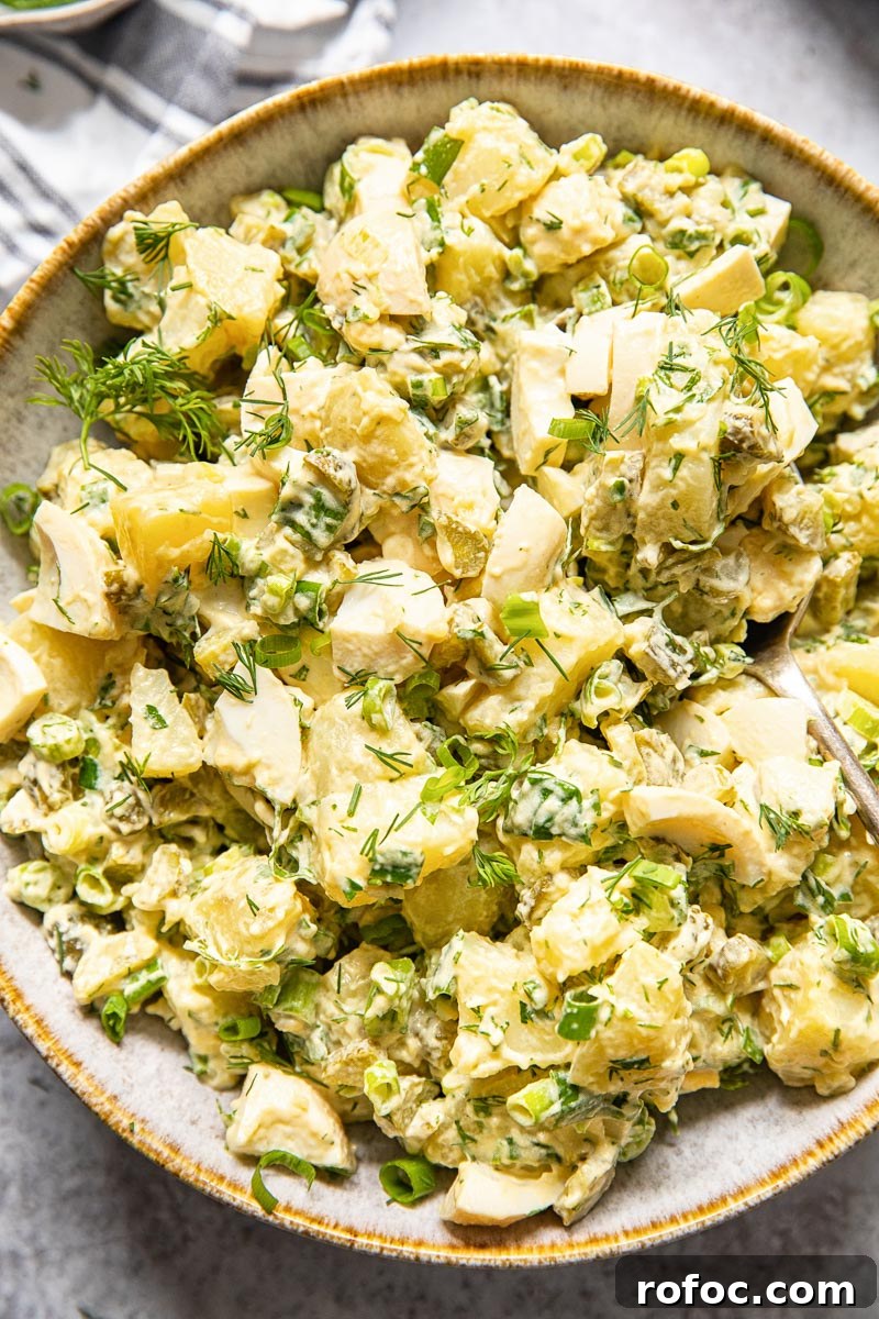 Creamy Dill Potato Salad with Fresh Herbs and Lemon Zest 2 top down view of potato salad with dill and green onions