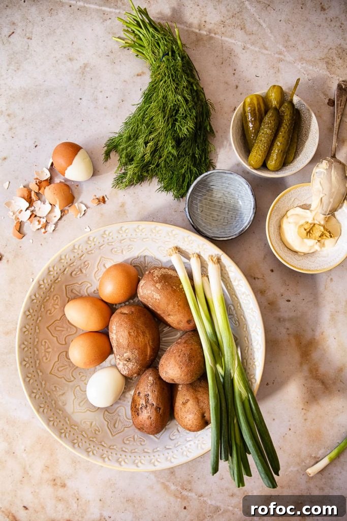Creamy Dill Potato Salad with Fresh Herbs and Lemon Zest 5 ingredients on a table from overhead