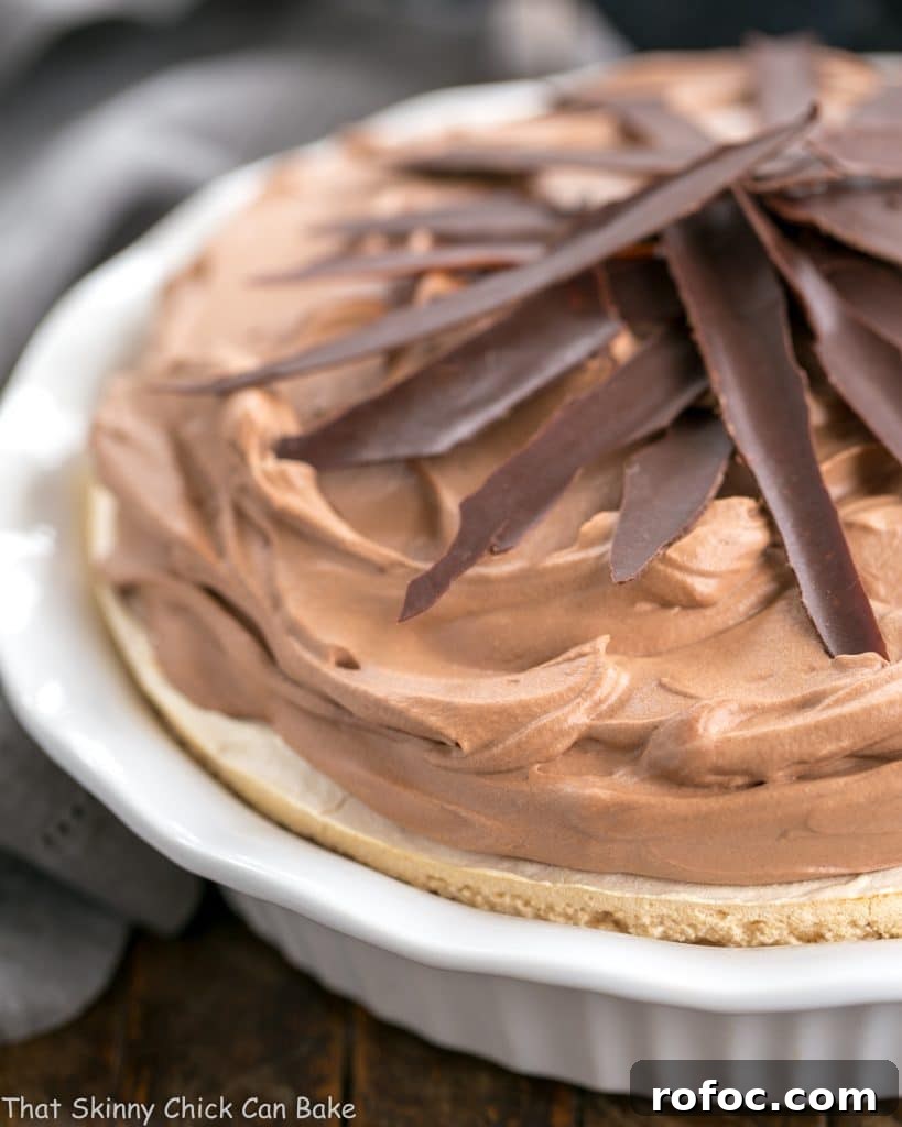 Chocolate Velvet Pie with Meringue Crust - A meringue shell topped with incredibly rich, dreamy chocolate whipped cream and chocolate shards Chocolate Velvet Pie in pie plate.