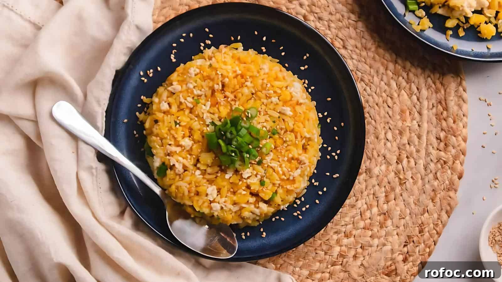 23 Vegetarian Dinners That Even Meat Eaters Will Love 11 A plate of fried rice garnished with chopped green onions and sesame seeds, placed on a woven mat with a napkin and spoon beside it.