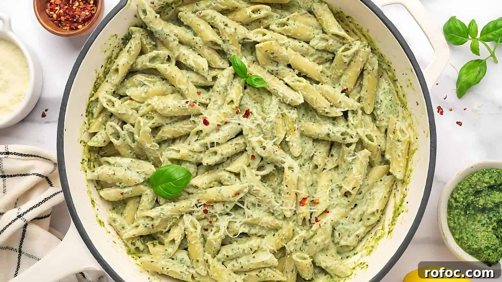 23 Vegetarian Dinners That Even Meat Eaters Will Love 14 A pot of penne pasta mixed with creamy pesto sauce, garnished with basil. Nearby are a bowl of pesto, a lemon, and a small dish of crushed red pepper.