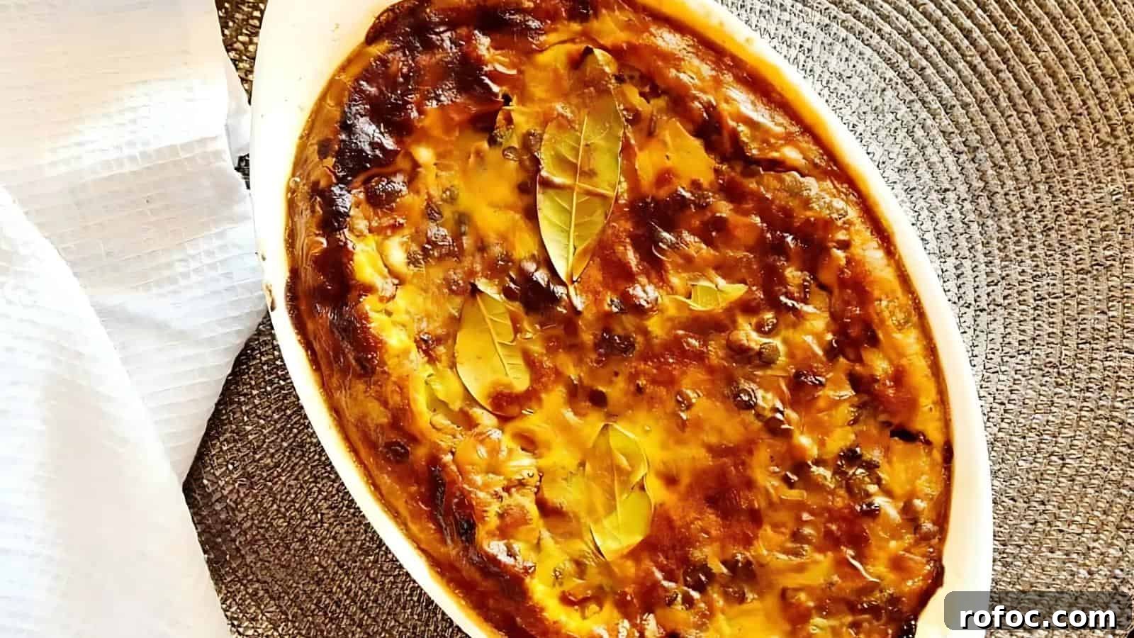 23 Vegetarian Dinners That Even Meat Eaters Will Love 15 A browned baked dish in an oval casserole with a golden crust, topped with bay leaves, placed on a textured surface.
