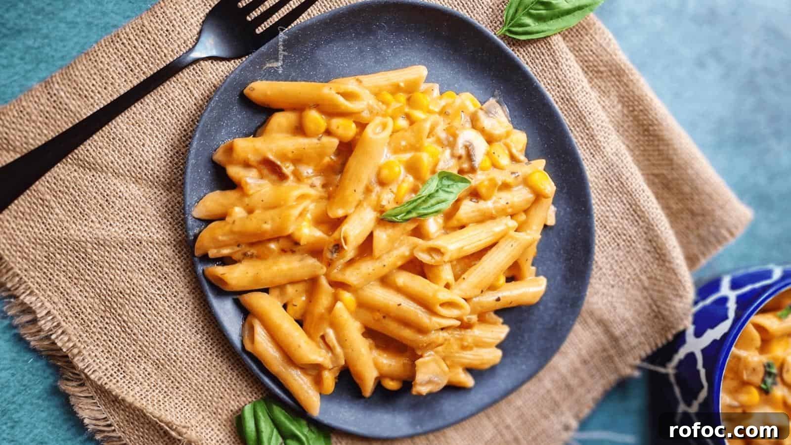 23 Vegetarian Dinners That Even Meat Eaters Will Love 17 A plate of creamy penne pasta with corn and garnished with basil on a burlap mat. A fork and a bowl with similar pasta are nearby.