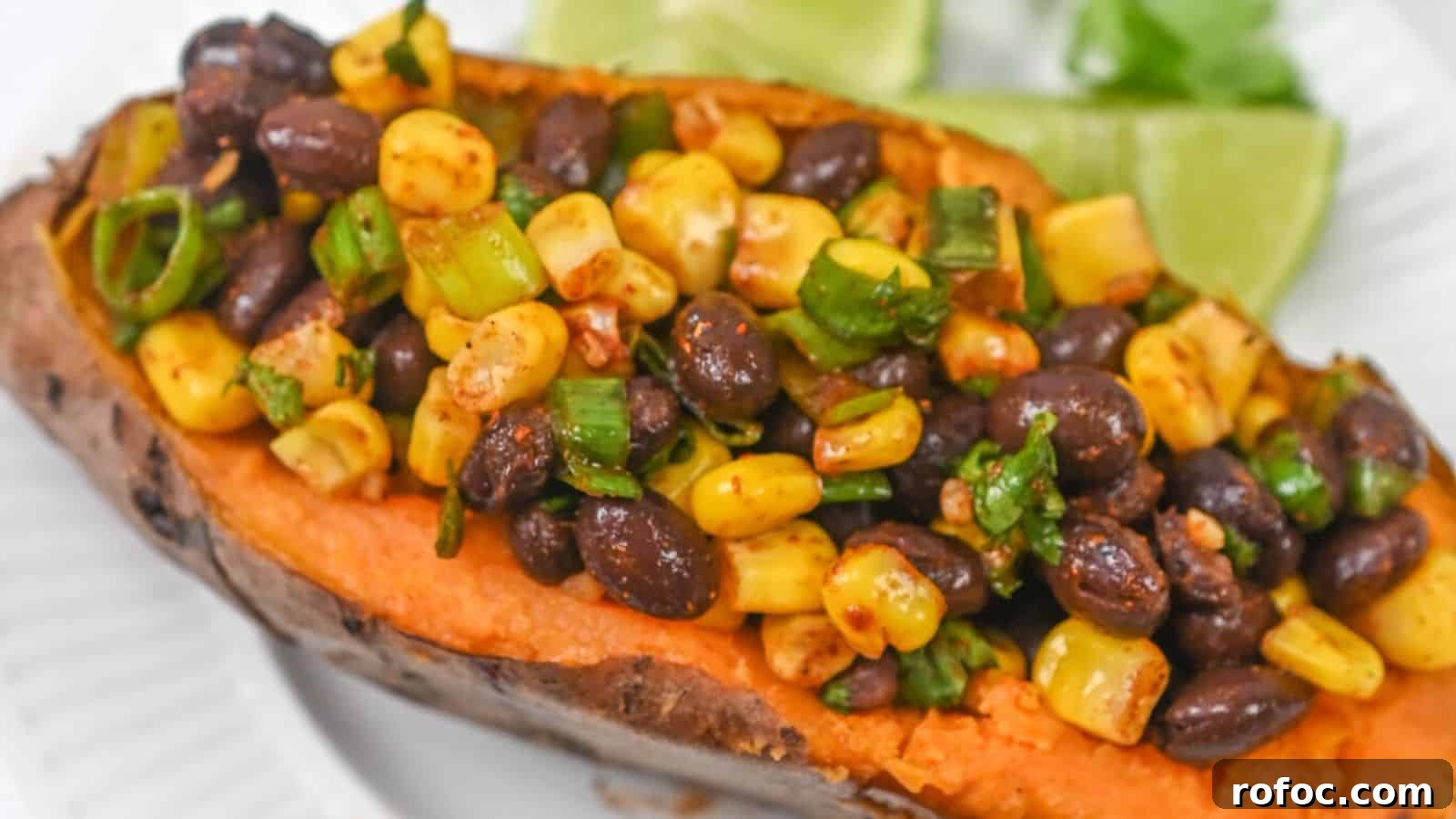 23 Vegetarian Dinners That Even Meat Eaters Will Love 3 A roasted sweet potato topped with black beans, corn, and green onions, garnished with lime wedges on a white plate.