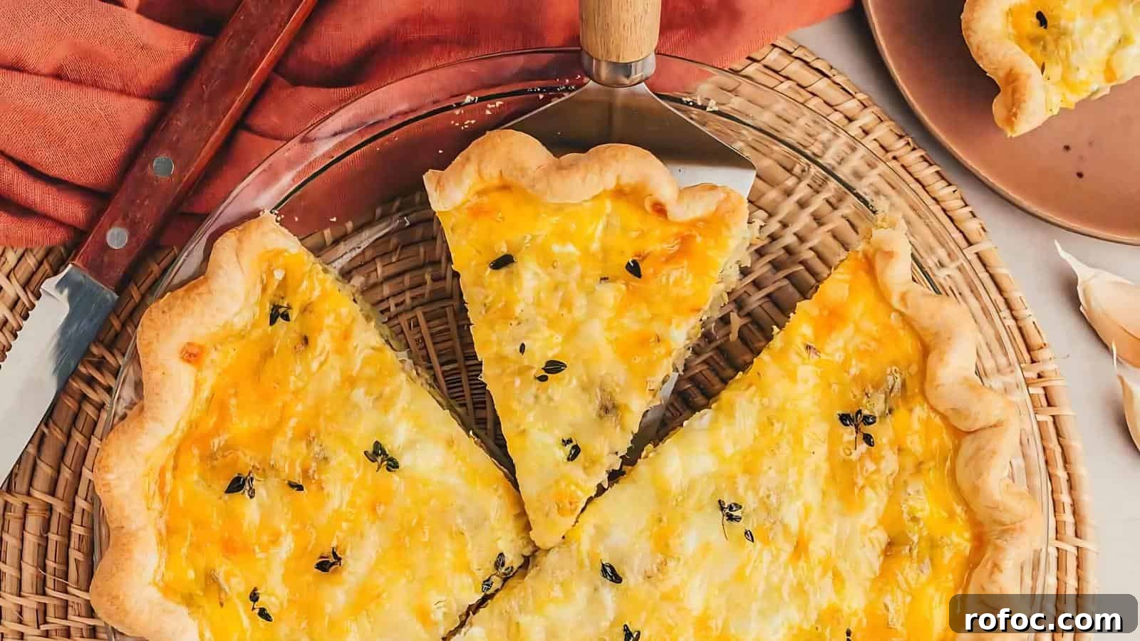 23 Vegetarian Dinners That Even Meat Eaters Will Love 21 A cheese quiche with three slices on a woven mat. One slice is served on a plate. A serving spatula and knife rest nearby.