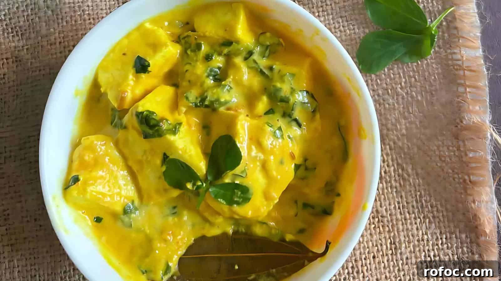23 Vegetarian Dinners That Even Meat Eaters Will Love 9 Bowl of curry with chunks of paneer in yellow sauce, garnished with herbs and bay leaf, placed on a burlap surface.
