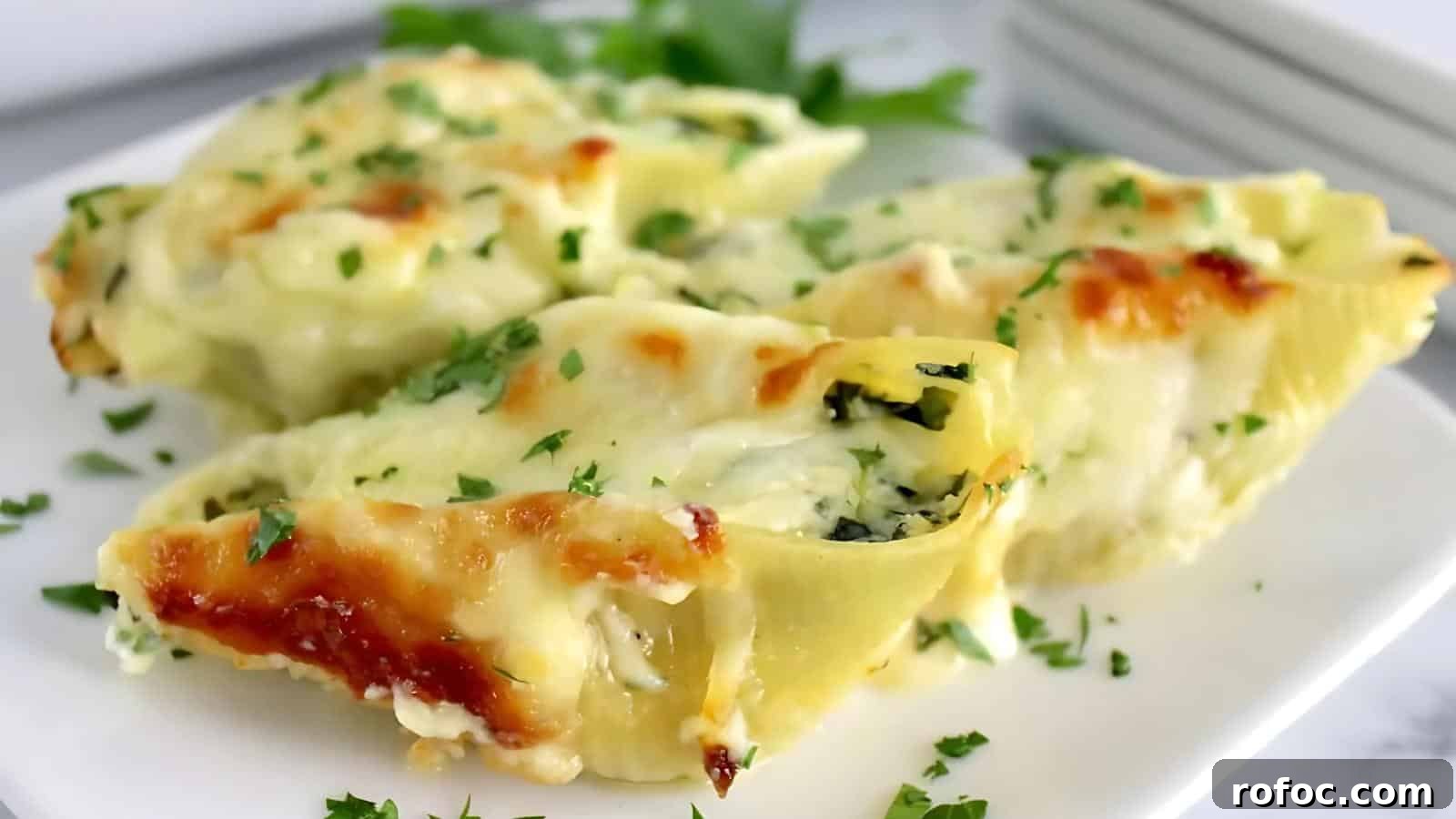 23 Vegetarian Dinners That Even Meat Eaters Will Love 10 Close-up of stuffed pasta shells topped with melted cheese and herbs on a white plate. Plates and parsley garnish in the background.