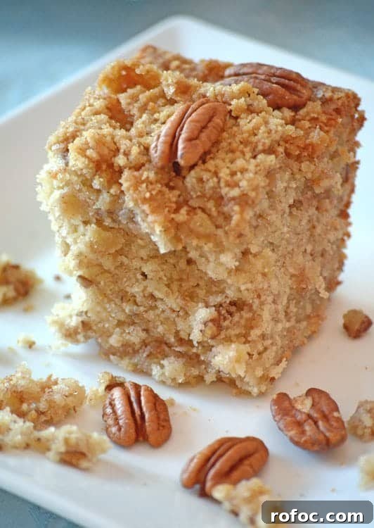 Moist Banana Crumb Cake Recipe with Cinnamon Streusel 5 A piece of cake on a plate, with Banana
