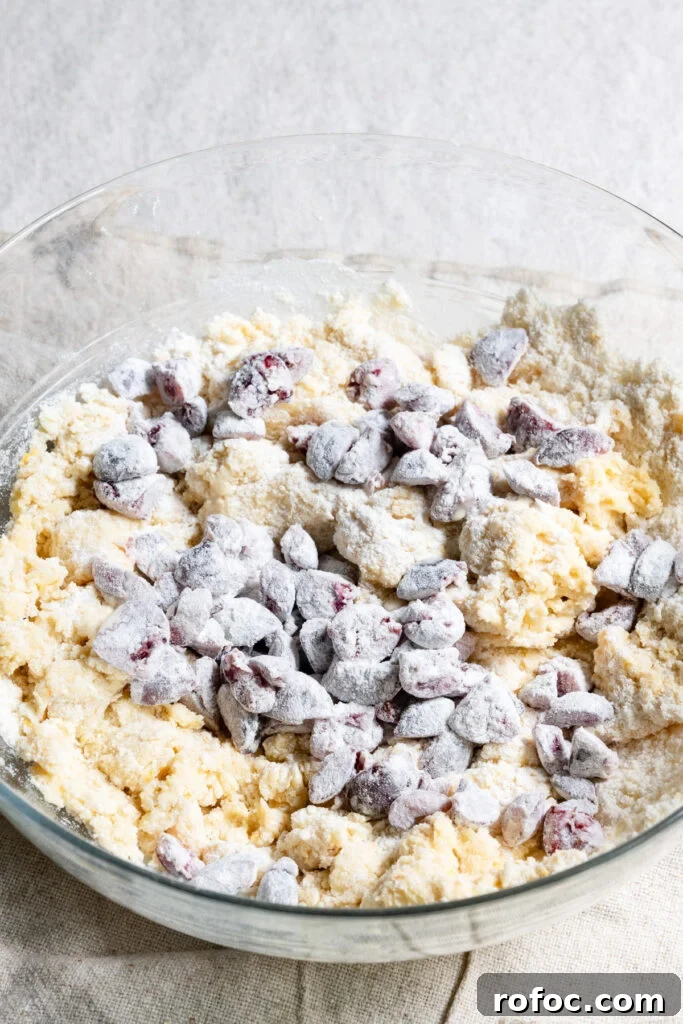 Fresh Cherry Scones: Flaky Homemade Recipe for Summer Baking 8 Flour coated cherries on top of scone dough.