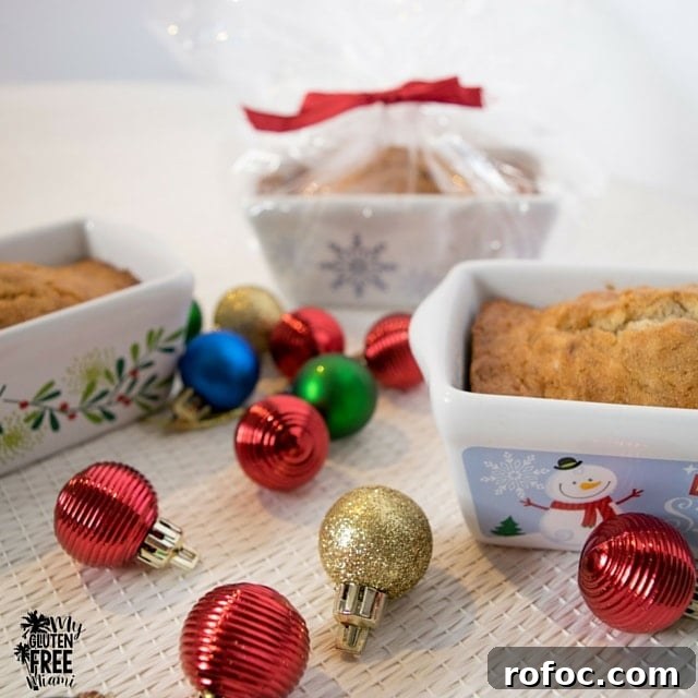 Mini Gluten-Free Banana Bread Recipe for One or Two Servings 3 Gluten Free Banana Bread in mini ceramic holiday loaf pans