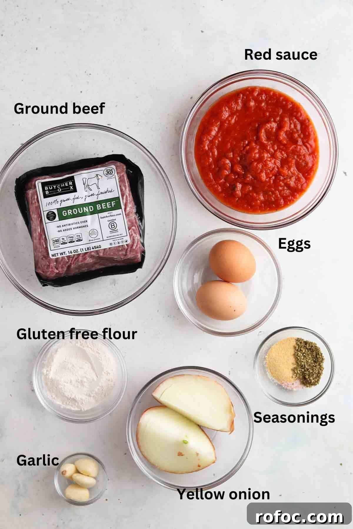 Gluten-Free Meatballs: Savory, Tender Recipe for Dinner 3 Gluten free meatball ingredients laid out in glass bowls.