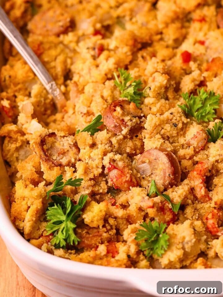 Crawfish cornbread dressing in a baking dish.