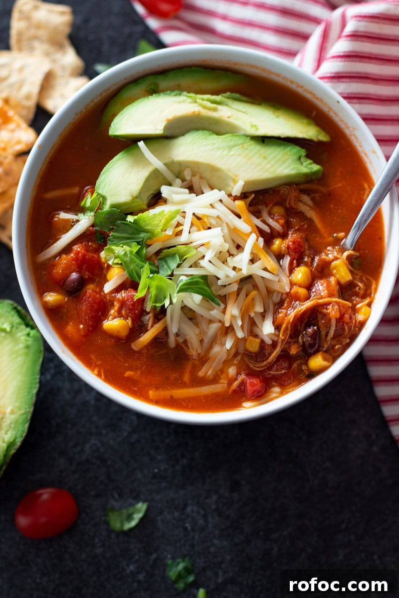 White bowl containing tortilla soup with garnishes, spoonful containing soup.