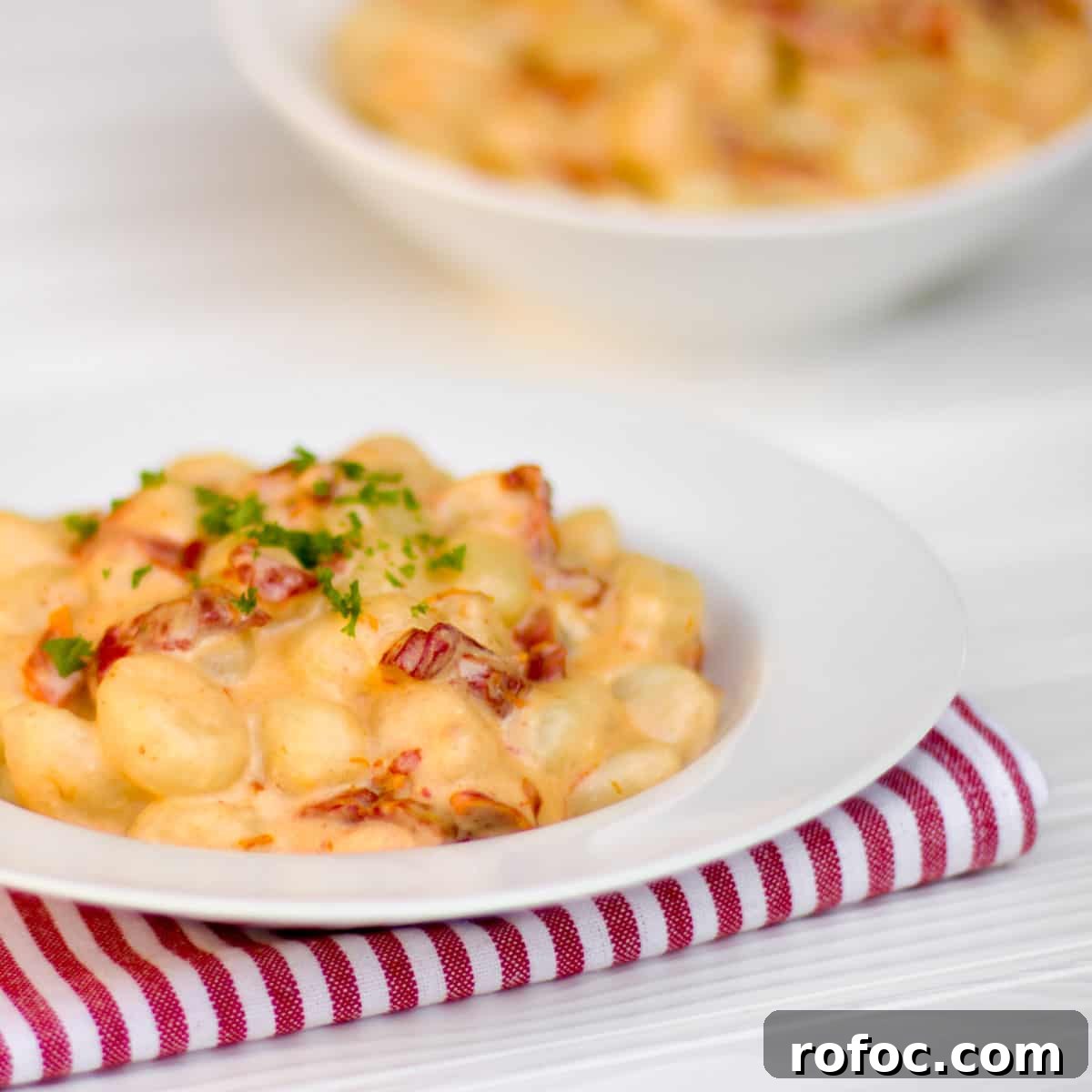 Sun-Dried Tomato Cream Gnocchi Recipe for Rich, Savory Flavor 4 Gnocchi in a round pasta bowl.