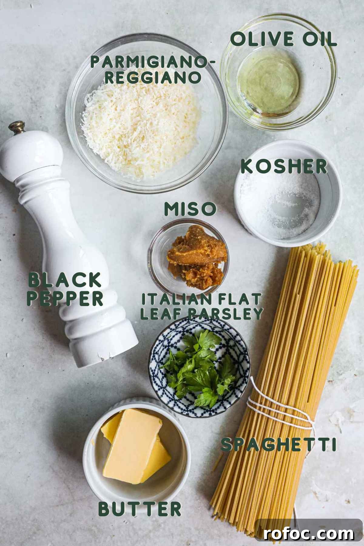 Miso Pasta with Sweet Caramelized Shallots and Toasted Sesame 4 Ingredients to make miso pasta with caramelized shallots, spaghetti, miso, flat leaf parsley, parmigiano-reggiano, butter, black pepper, olive oil, kosher salt.