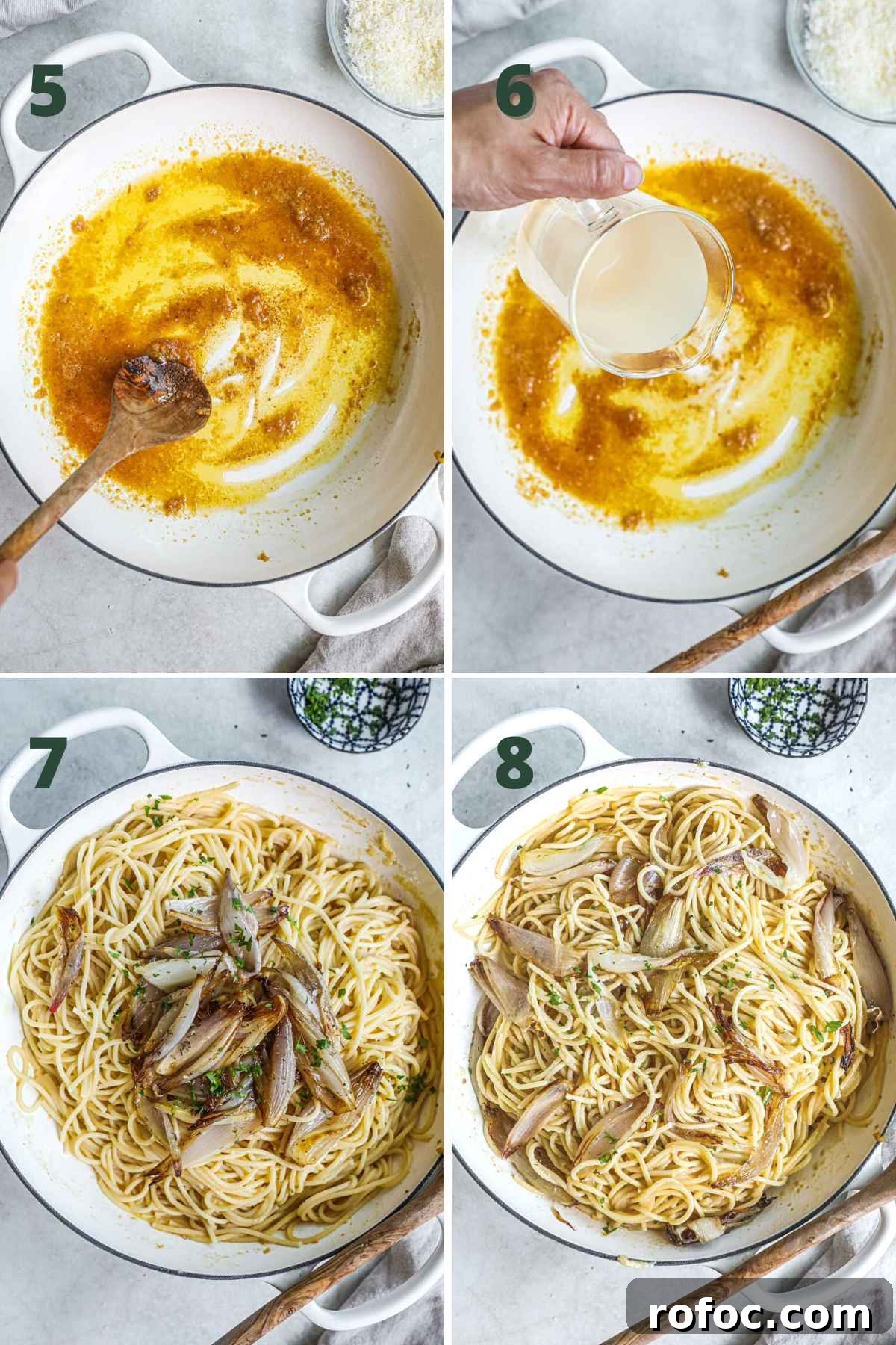 Miso Pasta with Sweet Caramelized Shallots and Toasted Sesame 6 Step to make miso pasta with caramelized shallots, including making the miso butter sauce with pasta water, adding parmigiano-reggiano, and tossing with shallots and parsley.