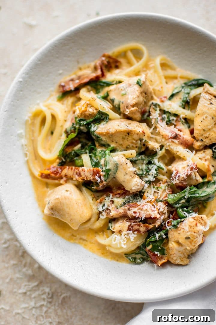 Creamy Tuscan Chicken Pasta: Garlic Parmesan Skillet Recipe 2 close-up of creamy Tuscan chicken pasta in a bowl