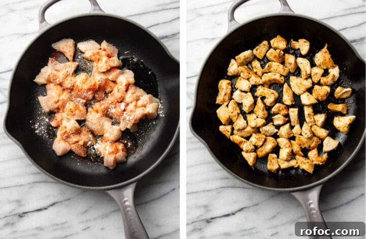 Creamy Tuscan Chicken Pasta: Garlic Parmesan Skillet Recipe 4 pan frying seasoned chicken in a cast iron skillet